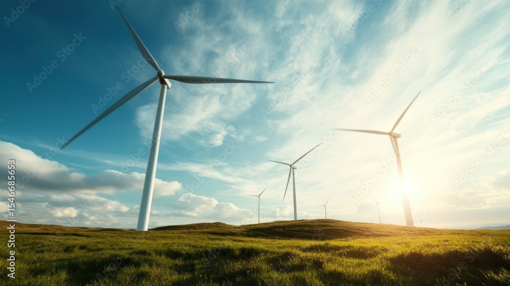 Obraz premium A stunning landscape featuring multiple wind turbines against a picturesque sky, symbolizing sustainable energy, nature, and the beauty of renewable resources in harmony.