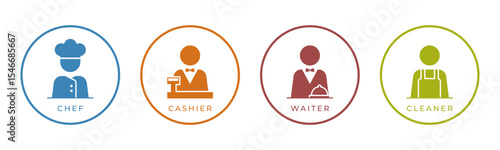 Chef, Cashier, Waiter, Cleaner icon set illustration vector. Inside Circle.