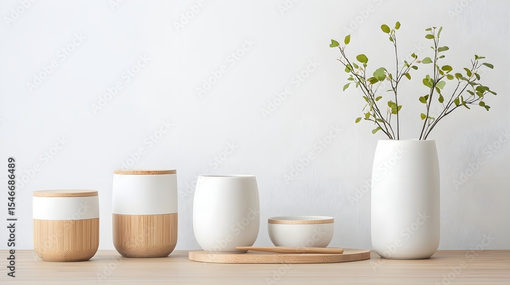Minimalist White Vases on Wooden Table Minimalist White Vases on Wooden Table