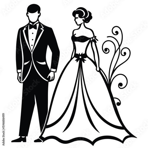 Couple in formal attire standing together in elegance and poise illustration
