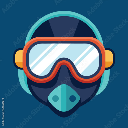 A person wearing a diving mask and goggles in a graphic illustration style