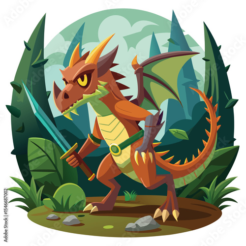 A fantasy dragon standing in a forest clearing with a sword, surrounded by trees and foliage under a full moon