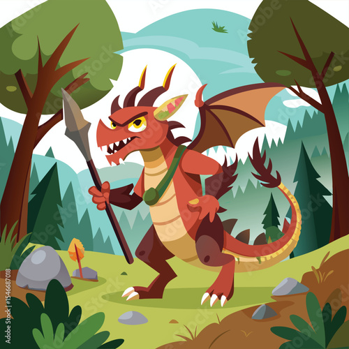 A red dragon standing in a forest clearing holding a spear with trees and mountains in the background