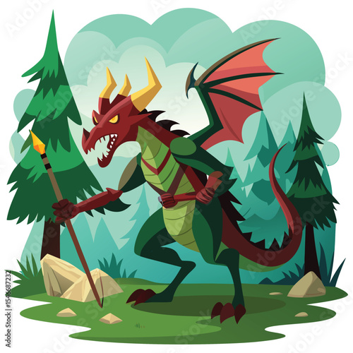 A mighty dragon standing proudly in a forest clearing, holding a staff with fierce determination