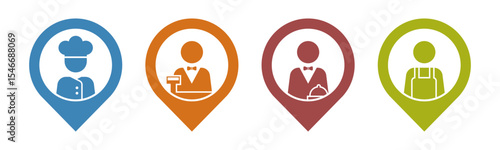 Chef, Cashier, Waiter, Cleaner with pin location icon set illustration vector.