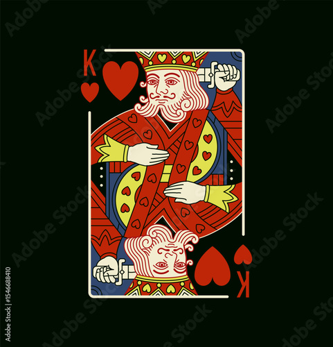King character, Hearts suit playing card in vintage Black design, editable stroke line, vector colorful isolated illustration.