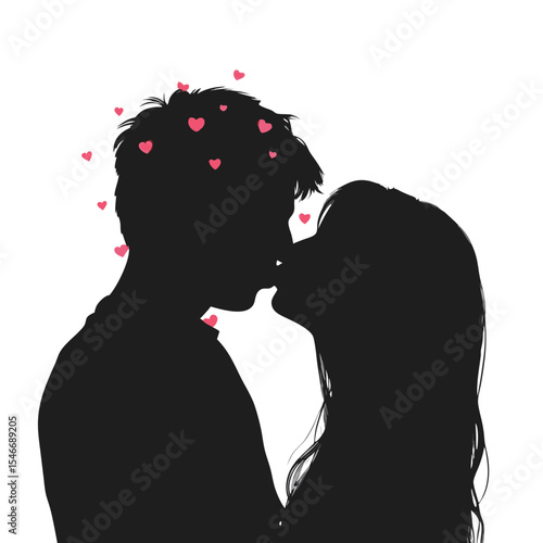 Couple Sharing a Romantic Kiss with Hearts Floating Around Them in Silhouette