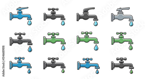 Water Tap Icons Diverse Color Set for Design Projects