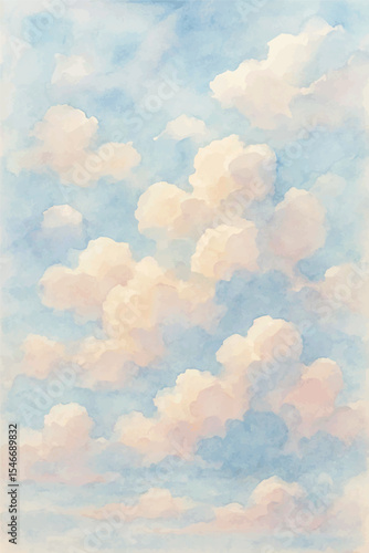 Watercolor illustration of a serene sky filled with fluffy clouds in pastel shades of blue, pink, and white. Tranquil, dreamy, and perfect for background or creative design use.
