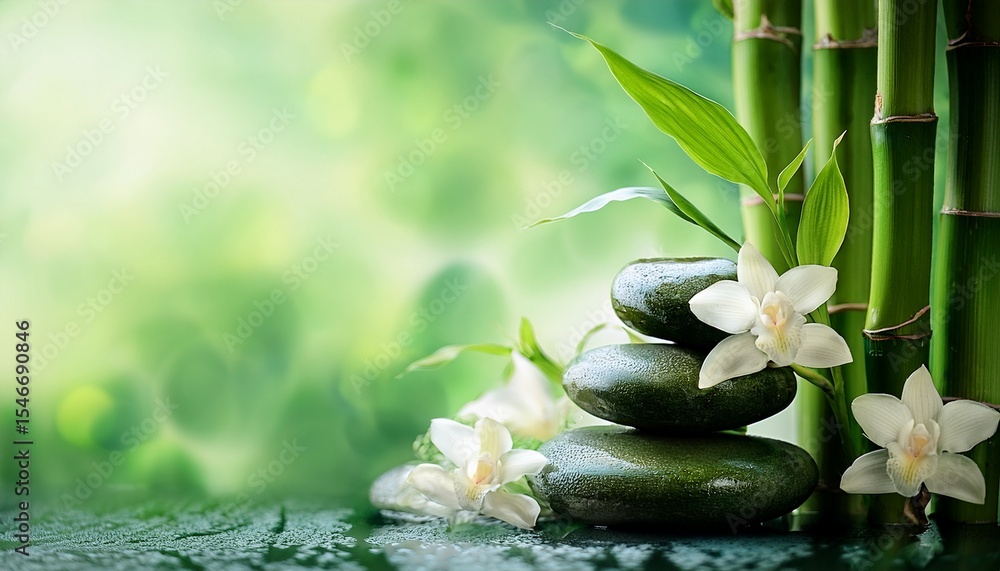 Obraz premium spa background with ochideen and bamboo in green