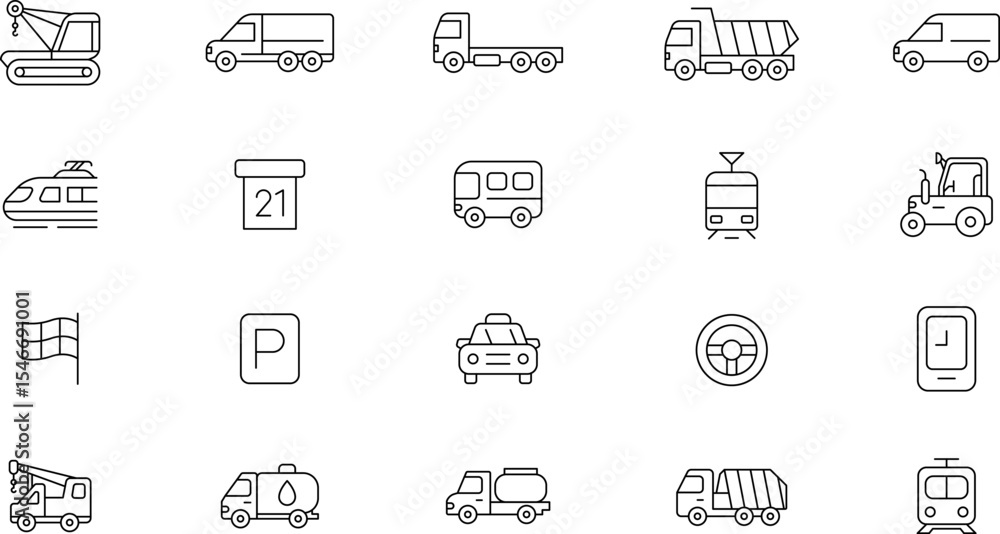 Public, Service, Municipal Commercial vehicles Transport Line Icons Set — Transportation, vehicle icon set. Vector glyph pictograms of travel, logistics, public transit concepts