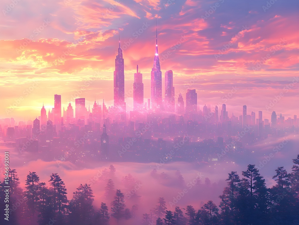Fototapeta premium Foggy Cityscape at Sunset