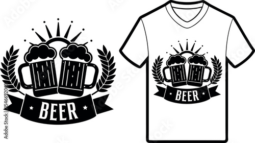 Beer T-Shirt Design – Two Steins with Wheat and Sunburst Emblem