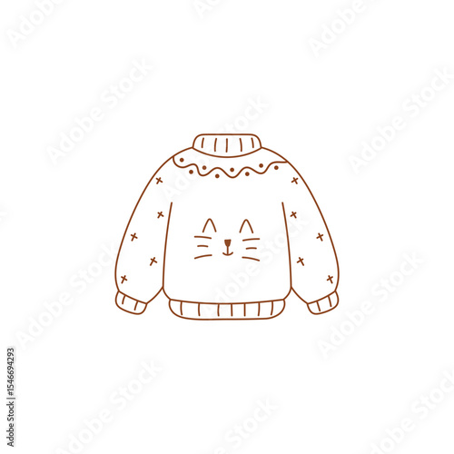 Vector ugly Christmas sweater with cat face. Cute holiday jumper icon for winter party or Xmas season