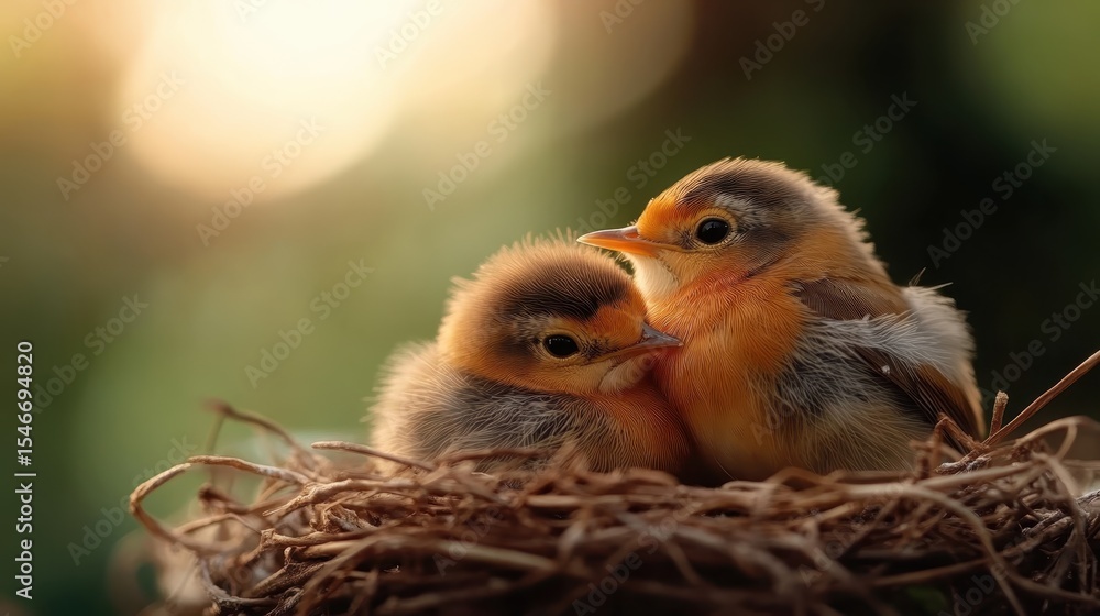 Two fluffy baby birds snuggle together in their cozy nest, illustrating the themes of warmth, comfort, and the nurturing aspects of nature and wildlife. Two fluffy baby birds snuggle together in their cozy nest, illustrating the themes of warmth, comfort, and the nurturing aspects of nature and wildlife.