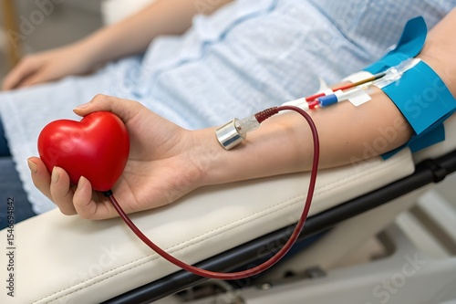 Blood donor with catheter and plasters holding toy heart and donating blood at the lab
