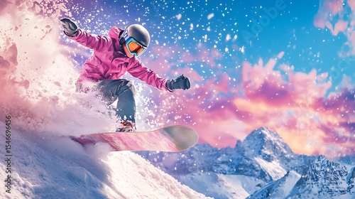 Vintage Snowboarder Soaring Over Colorful Mountain Landscape