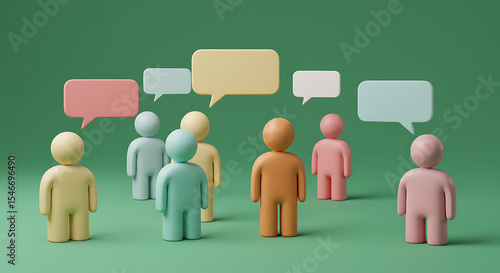 Communication and collaboration concept featuring figures with speech bubbles, set against a vibrant green backdrop
