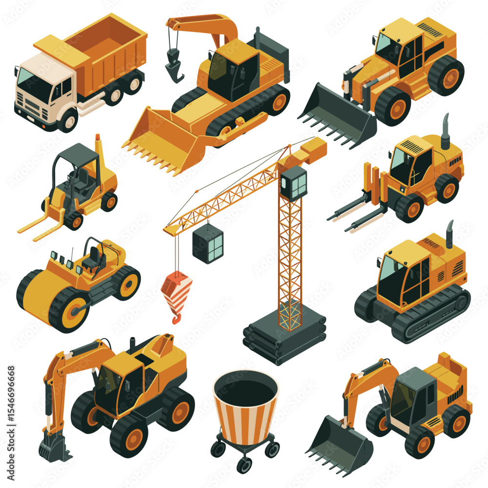 Collection of isometric construction vehicles and equipment Collection of isometric construction vehicles and equipment