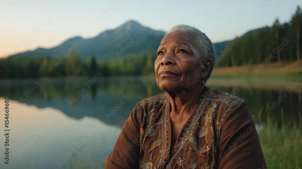 Fototapeta premium An elderly woman gazes pensively across a serene lake surrounded by mountains, capturing a moment of reflection and connection with nature in a peaceful landscape.