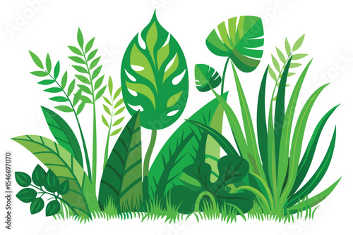 Tropical Jungle Leaf Landscape with Green Grass and Leaves Vector Illustration