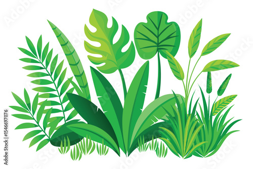 Tropical Jungle Leaf Landscape with Green Grass and Leaves Vector Illustration