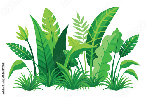 Set of Green Grass and Tropical Leaves Jungle Nature Landscape Vector Art Illustration