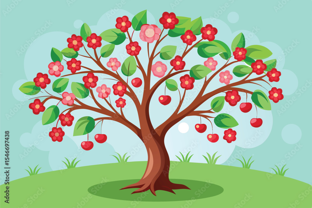 Fototapeta premium Cherry tree vector illustration beautiful spring blossom clipart for design and decoration art