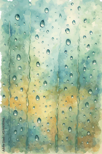 Watercolor painting of raindrops on glass with a soft gradient background in blue, green, and warm tones. Calm and abstract texture for design, backgrounds, or seasonal concepts.