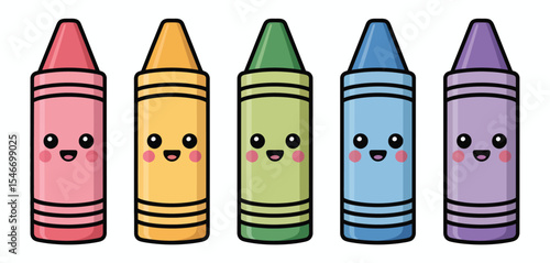 Five cute cartoon crayons in vibrant colors