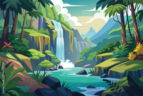 Tropical rainforest landscape with flowing waterfall vector art perfect for nature and wildlife