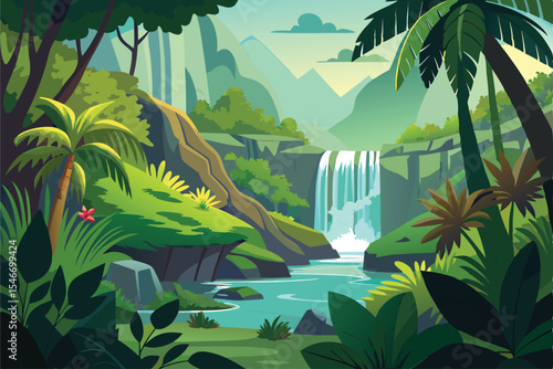 Lush rainforest waterfall vector illustration with tropical greenery and natural scenic beauty clipart