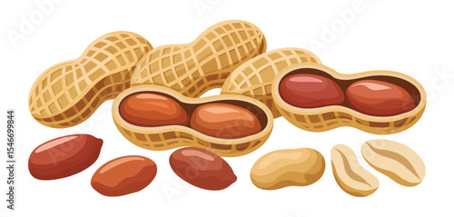 Cartoon illustration of peanuts in shells and shelled