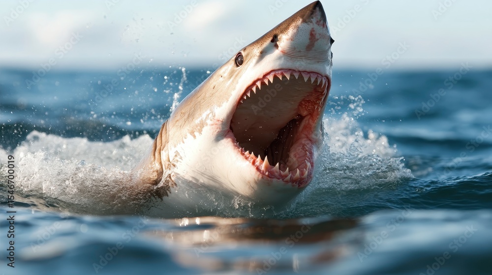 Naklejka premium A fierce shark leaps from the ocean surface, displaying its power and grace as it breaks through the water, embodying the thrill of the wild marine life.