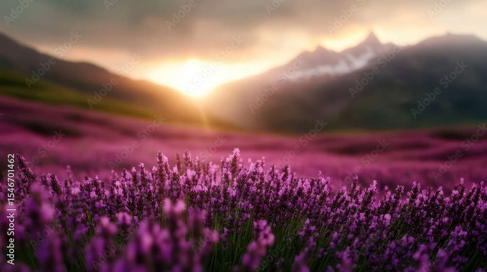 Naklejka premium A breathtaking view of lavender fields bathed in golden sunset light, with majestic mountains in the background, creating a tranquil and picturesque atmosphere.