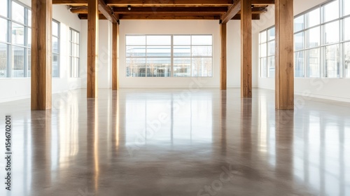 A spacious, minimalist interior showcasing expansive windows and rustic wood beams, creating a bright, open atmosphere that invites tranquility and modern design aesthetics.