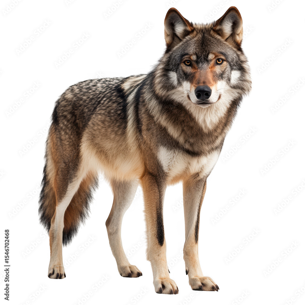 Full body shot of a wolf standing and looking forward isolated on transparent background Full body shot of a wolf standing and looking forward isolated on transparent background