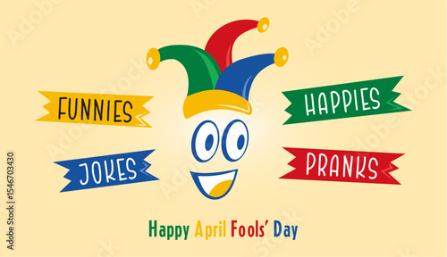 Illustration Happy April Fools day vector design with clown in the middle and tags