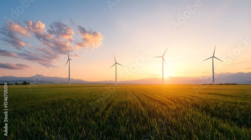 wind turbines in a field at sunset