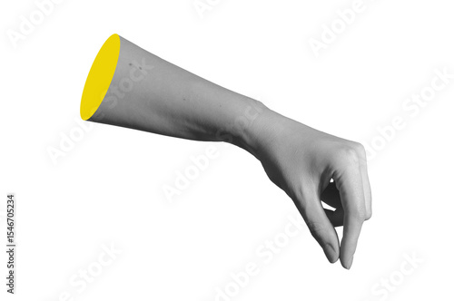 Fototapeta Hand holding fingers pinching tiny invisible item in closeup side view