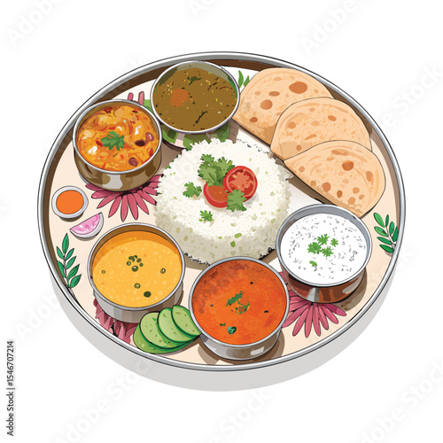 A flat illustration of a traditional Indian thali plate, featuring rice, curry, and roti, rendered in a simple and clean style, isolated on white.