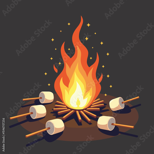 Campfire with roasting marshmallows in cozy outdoor setting  