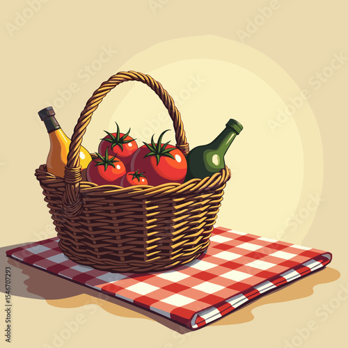 Basket of fresh tomatoes and sauces on a checkered tablecloth  