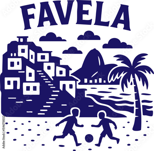Children playing soccer near favela and beach in bold style