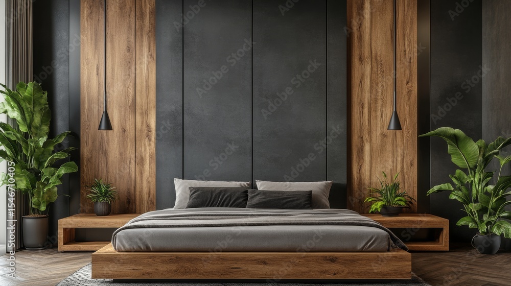 Modern Minimalist Bedroom Design Dark Wood and Concrete Wall Composition, 3D Render, Interior Design, Bedroom Decor Modern Bedroom, Interior Design Modern Minimalist Bedroom Design Dark Wood and Concrete Wall Composition, 3D Render, Interior Design, Bedroom Decor Modern Bedroom, Interior Design