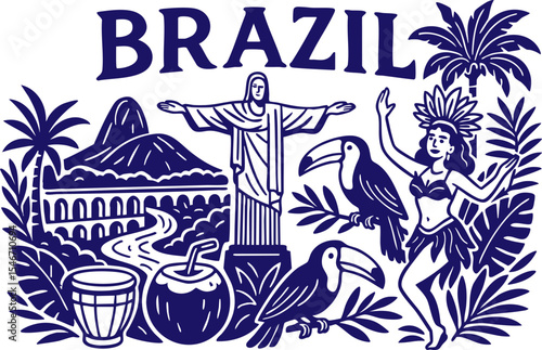 Brazil culture icons with toucans and dancer in graphic style
