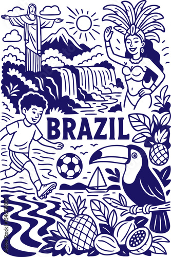 Brazil culture landmarks and nature in graphic black and white