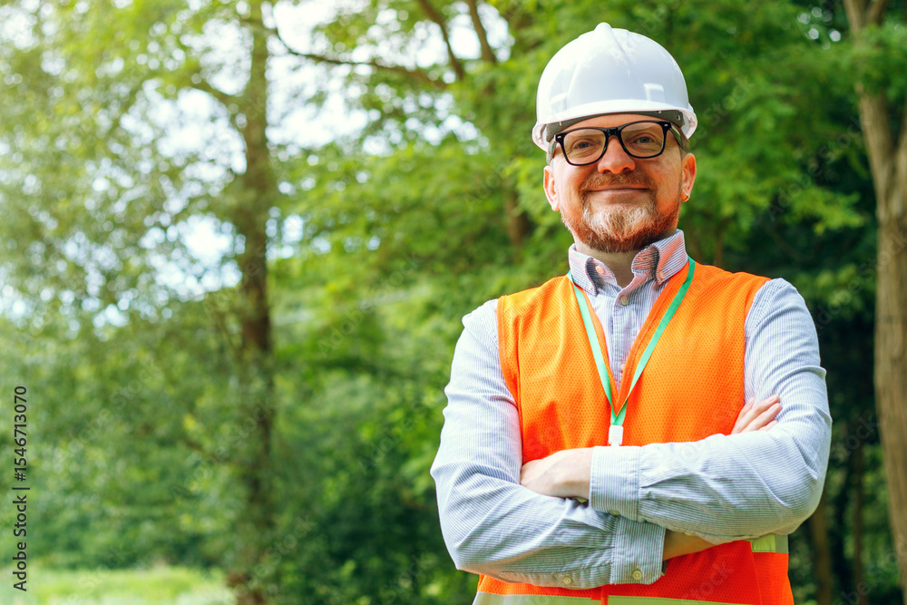 Portrait of a European man forestry engineer. Ecologist's work. Eco control. Portrait of a European man forestry engineer. Ecologist's work. Eco control.