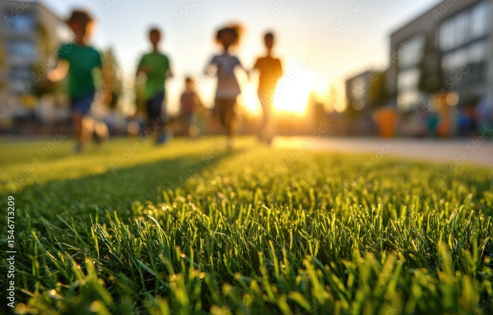 Joyful Children Playing on a Sunlit Schoolyard With Vibrant Green Grass in the Foreground During a Warm Sunset Evening Joyful Children Playing on a Sunlit Schoolyard With Vibrant Green Grass in the Foreground During a Warm Sunset Evening