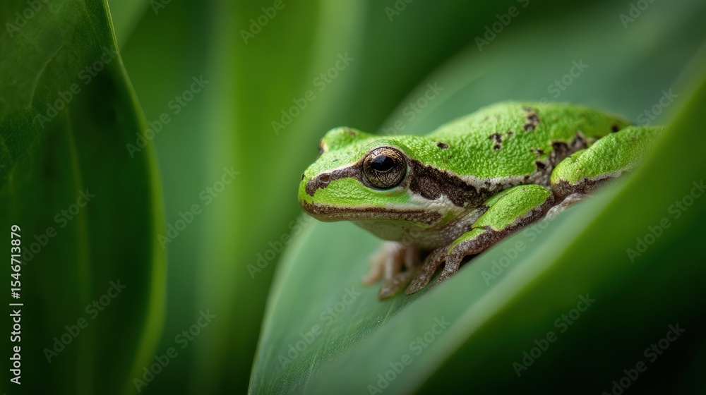Green Frog Resting on Leaf Surrounded by Lush Green Foliage Green Frog Resting on Leaf Surrounded by Lush Green Foliage